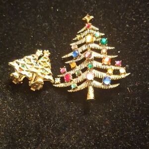 Gold and Red Christmas Tree Brooch Set with Rhinestones